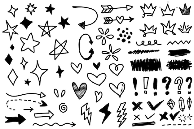 Vector set of different crowns hearts stars crystals sparkles arrows lightning diamonds signs and symbols hand drawn doodle element isolated on a white background