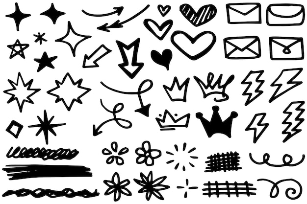 Vector set of different crowns hearts stars crystals sparkles arrows lightning diamonds signs and symbols Hand drawn doodle element isolated on a white background