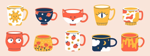 Vector set of different cups of tea or coffee Trendy ceramic mugs with various ornaments Collection of modern drink cups Colorful crockery with flowers eyes sun fox night and space