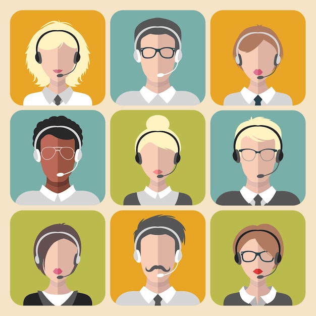 Vector set of different man and woman working in call center app icons in trendy flat style.