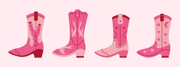 Vector set of different pink retro cowgirl boots Wild west and Texas concept Cowboy fashion boots Vintage western collection Girl power