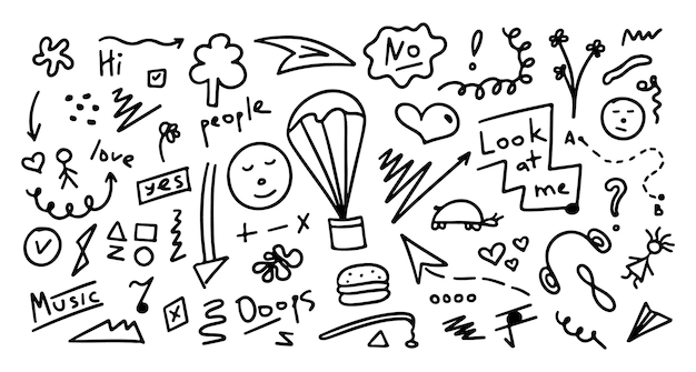 Vector vector set of different simple doodles hearts arrows sparkles lightnings signs and symbols