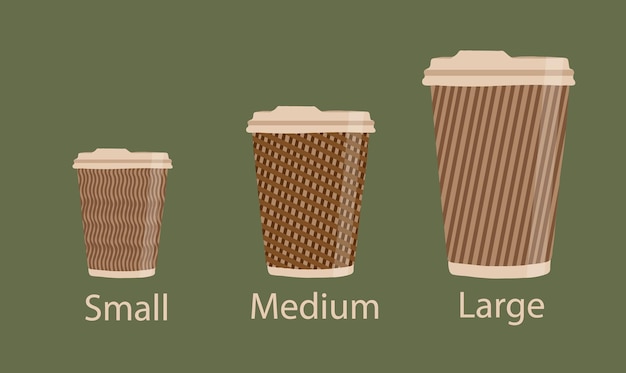 Vector set of different take away coffee Paper cup size chart small medium large Coffee to go Take away Bar menu