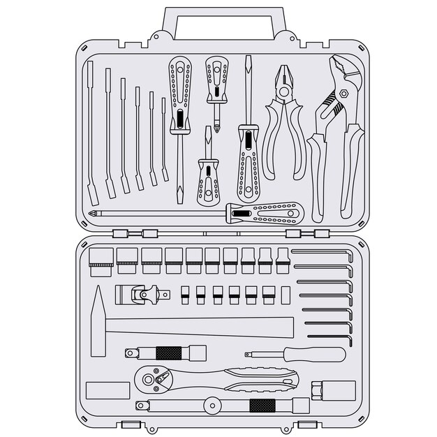 Vector set of different tools in a box