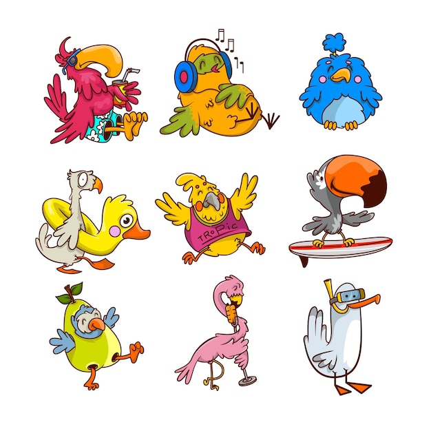 Vector set of different tropical birds in different actions exotic humanized creatures funny cartoon