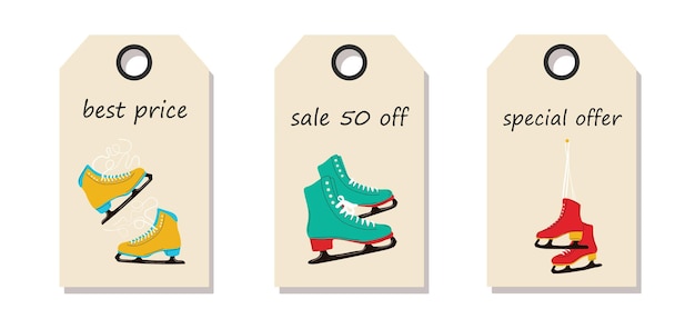 Vector set of discount price tags Labels with Colorful ice skates for figure skating in winter