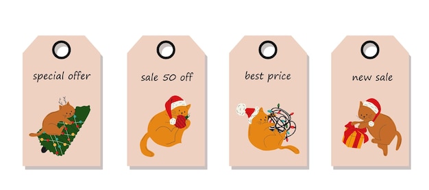 Vector set of discount price tags Labels with Cute cats with christmas decoration Christmas sale