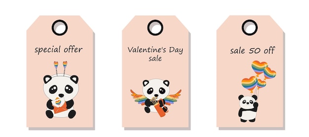 Vector set of discount price tags Labels with Cute little sitting pandas holds rainbow hearts