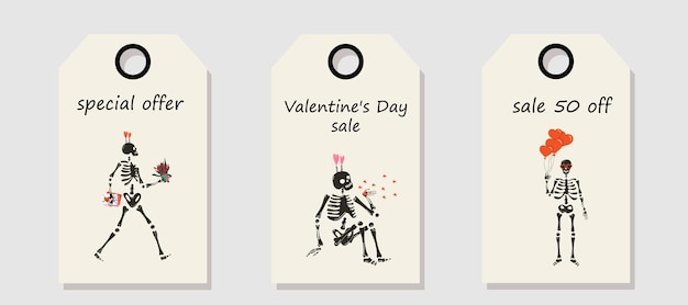 Vector set of discount price tags Labels with Funny Skeleton with decor for Valentines day