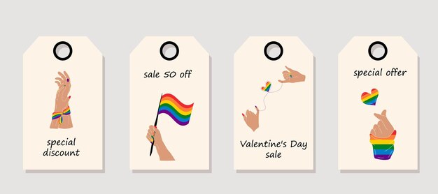 Vector set of discount price tags Labels with Hands showing lgbt heart Valentines day sale