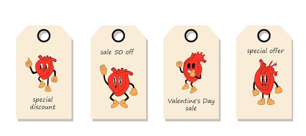 Vector set of discount price tags Labels with Red heart cute mascot with happy face in retro comic