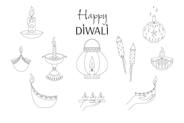 Vector vector set of diwali doodle objects and symbols in outline style on a white background