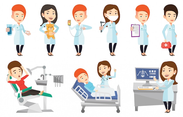 Vector vector set of doctor characters and patients.