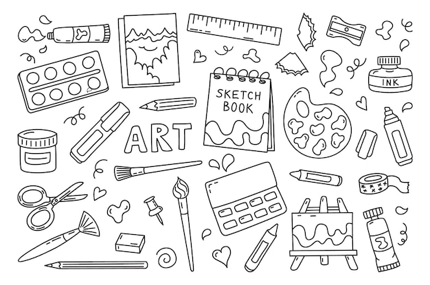 Vector set doodle of art supplies Hand drawn artist's painting supplies tool kits