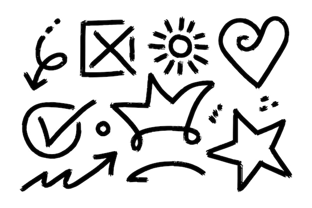 Vector set doodle elementen voor concept ontwerp kroon pijl liefde x ster zon