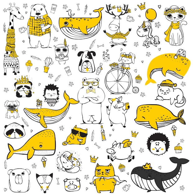 Set vettoriale di animali hipster doodle perfetti per biglietti di auguri design stampe tshirt e poster per bambini