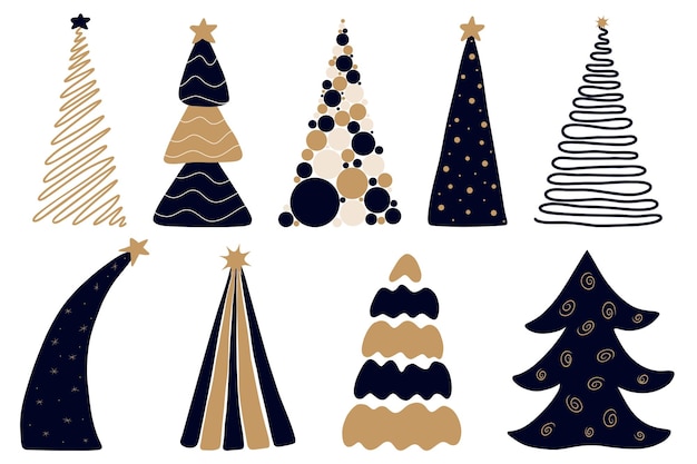 Vector set of doodle minimalistic christmas trees pines for greeting card invitation banner web