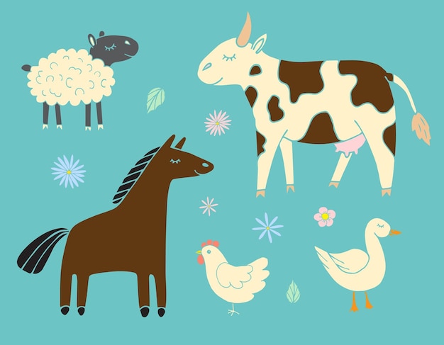 Векторный набор домашних животных фермы эскиз каракули