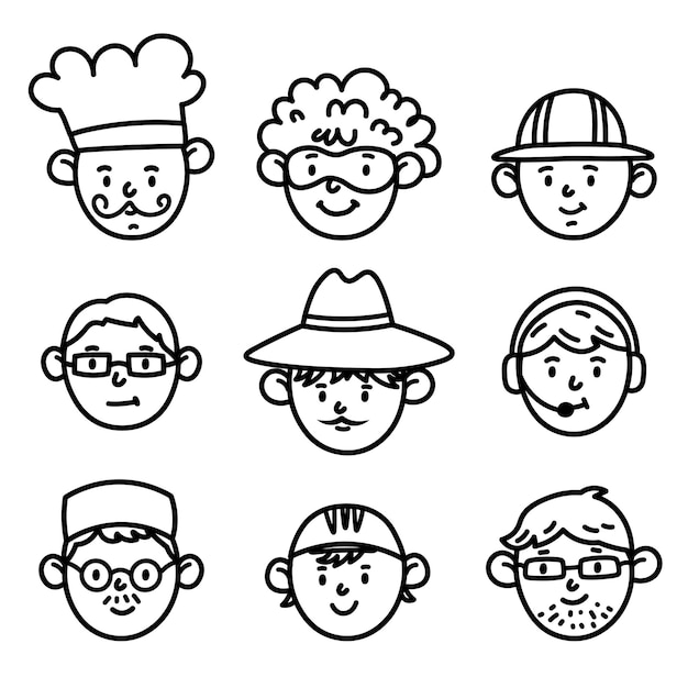 Vector set of doodle sketch of man faces Linear icons of a man of different professions