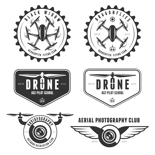 Vettore insieme di vettore del logo del distintivo del club volante drone