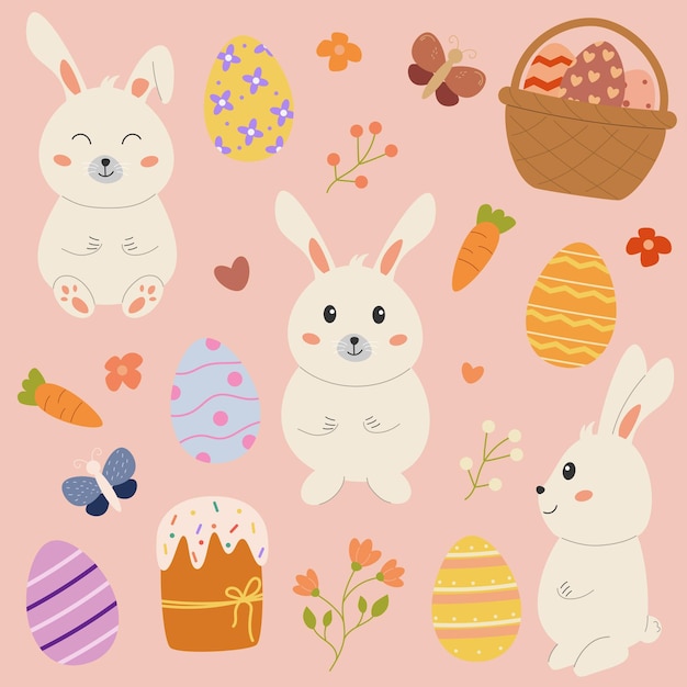 Vector vector set of easter flat vector illustrations cute easter bunnies egg basket easter eggs flower