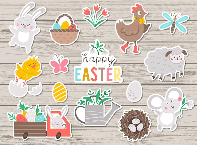 Vettore set vettoriale di adesivi pasquali collezione di simpatici personaggi e oggetti con concetto di primavera bunny animali divertenti uova e uccelli su sfondo di legno patch per feste religiose packxa