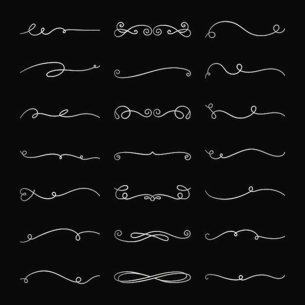 Vector set Elegante decoratieve lijnkunst set op zwarte achtergrond Swirls en krullen creëren sierlijke ontwerpen Perfect voor decoratieve randen en elegante versieringen Handgetekende ornament vector set