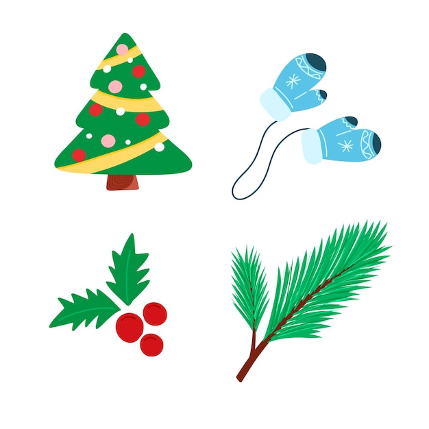 크리스마스 트리 가문비나무 나뭇가지 겨우살이와 만화 스타일의 장갑이 있는 요소의 벡터 세트