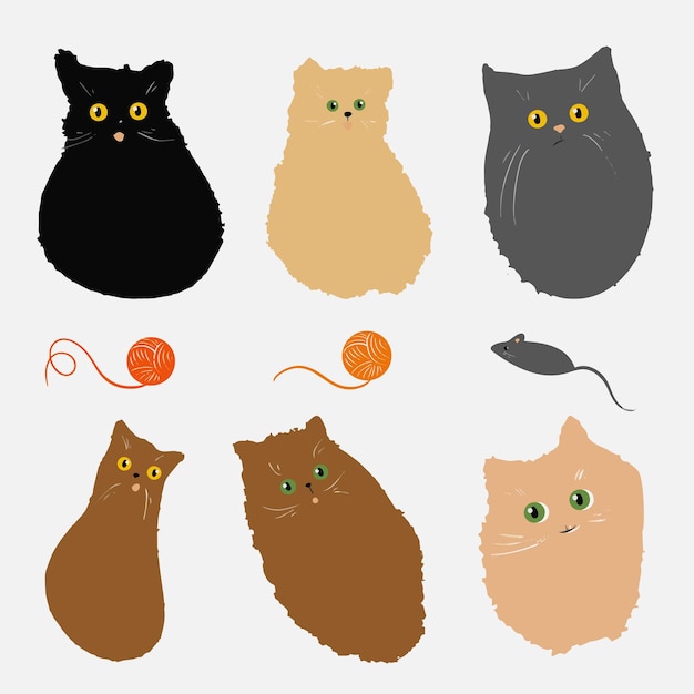 Вектор Векторный набор эмоций кошек. набор симпатичных кошачьих персонажей. различная форма. векторная иллюстрация.
