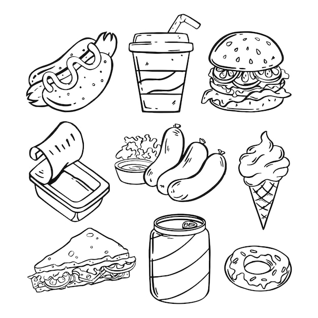햄버거, 핫도그, 피자, 샌드위치, 햄버거, 소다 컵, 아이스크림, 감자 튀김, 커피 컵, 타코, 컵 케이크, 크루아상, 흰색 절연 패스트 푸드 손으로 그린 그림의 벡터 세트.