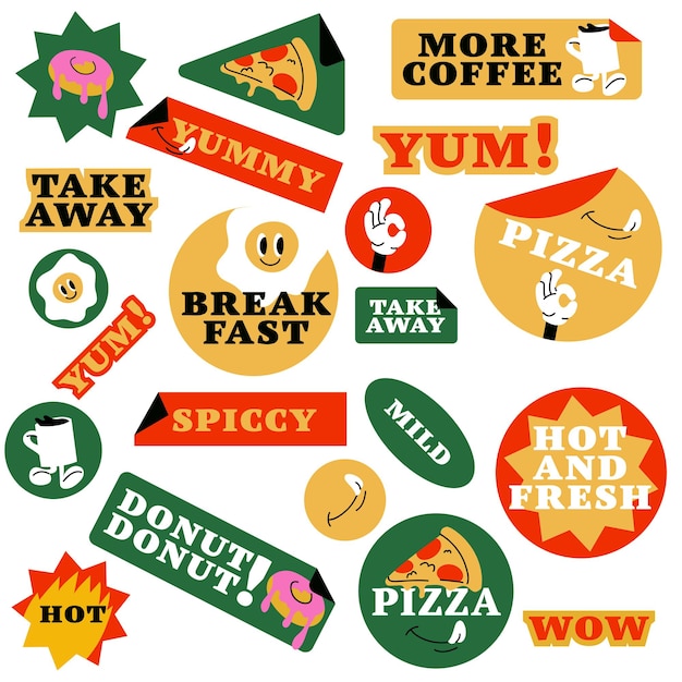 Vector vector set of fast food stickers. colorful patch badges for junk food cafe.