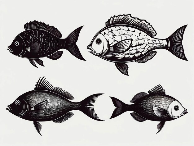 Vector vector set of fish characters and its silhouette on white background isolated