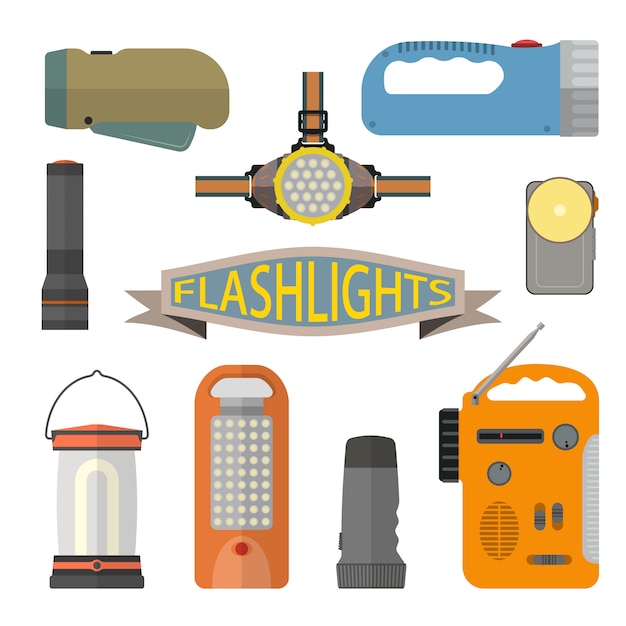 Vector vector set of flashlights in flat style. headlight, hand lamp, torch.