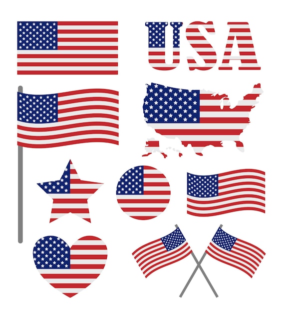 Vector set of flat american usa flag elements