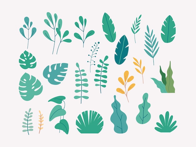 Vector set of flat illustrations of plants trees leaves