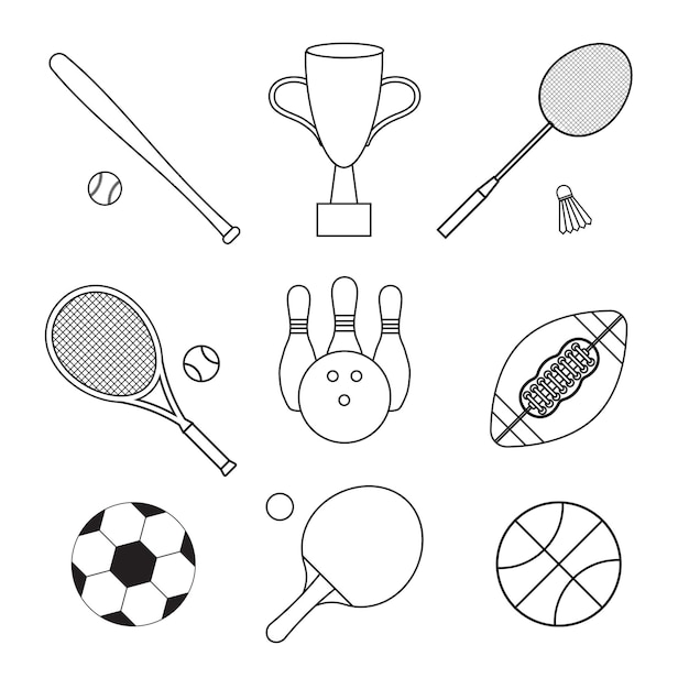 Vector set of flat outline sport equipment