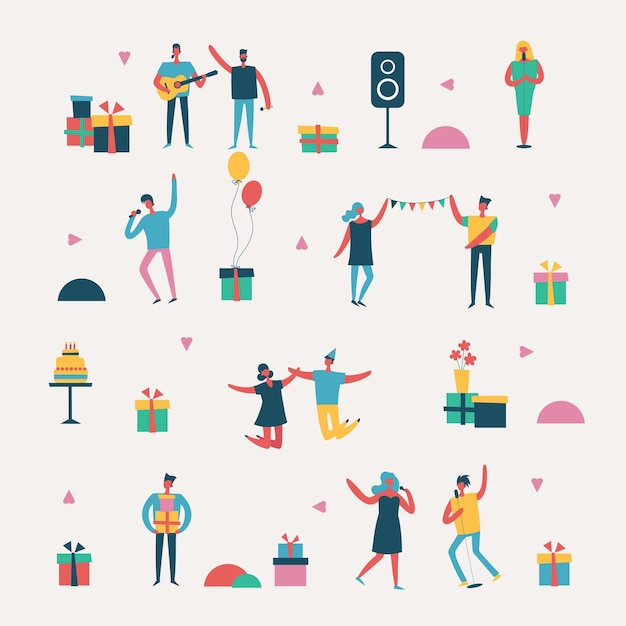 Vector set in a flat style of group of happy friends celebrating birthday at the party