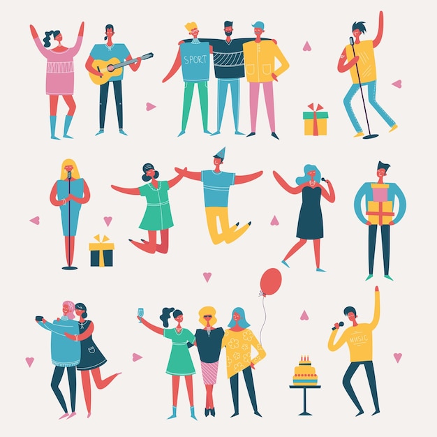 Vector set in a flat style of group of happy friends celebrating birthday at the party