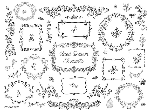 Vector set of floral doodle grames, dividers, handdrawn elements isolated.