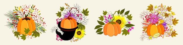 Vector set of four autumnal bouquets with pumpkin, leaves, acorns, sunflowers, conifer and berries.