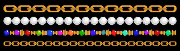 Vector vector set of four various chains and beads isolated on black background.