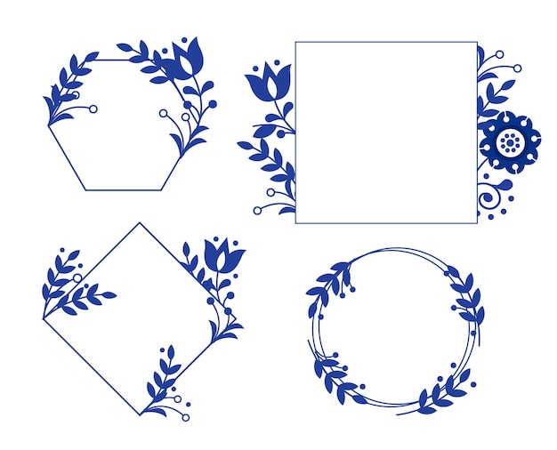 Vector set of frames with blue flowers in gzhel style