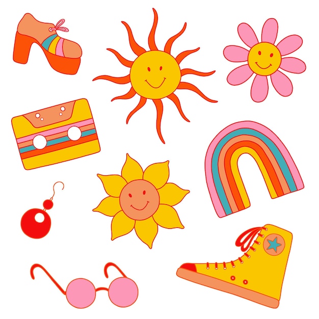 Vector set from 1970 vibe. Cassette, rainbow, gumshoes sunflower daisy shoes sunglasses sun earring