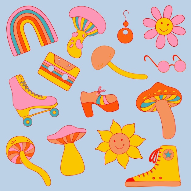 Vector vector set from 1970 vibe. cute retro stickers.