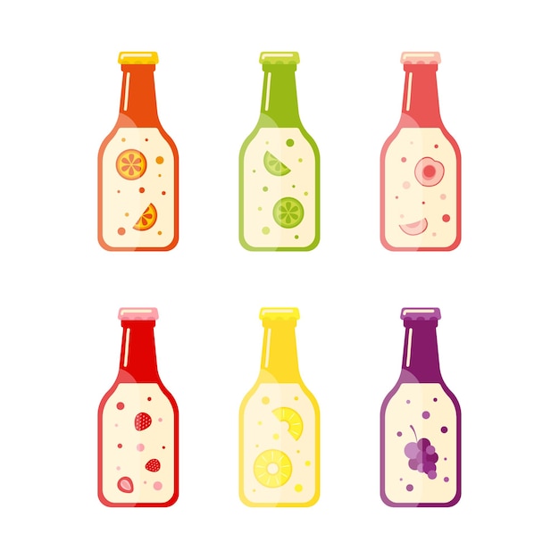 vector set of fruit and berry drinks in glass bottles