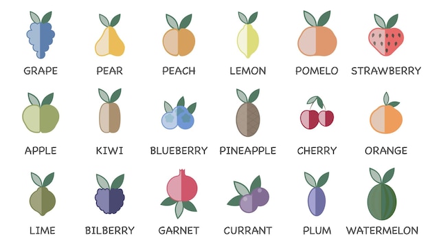 Vector set of fruit line icons Colored icons with highlights Contains commonly used fruits
