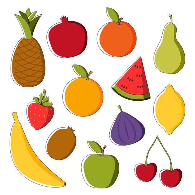 Vector vector set of fruits are pineapple pomegranate peach apple pear lemon banana orange cherries