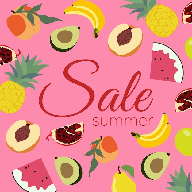 Vector set of fruits for summer sale. Avocado, pineapple, banana, watermelon, peach, pear, apple