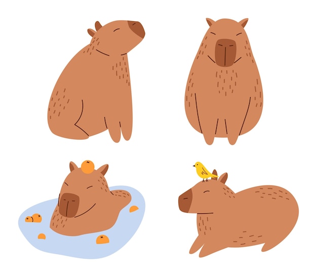 Vector set of funny capybaras in flat design Amusing capibara characters Cute capybaras swimming in water and relaxing South American adorable animal collection