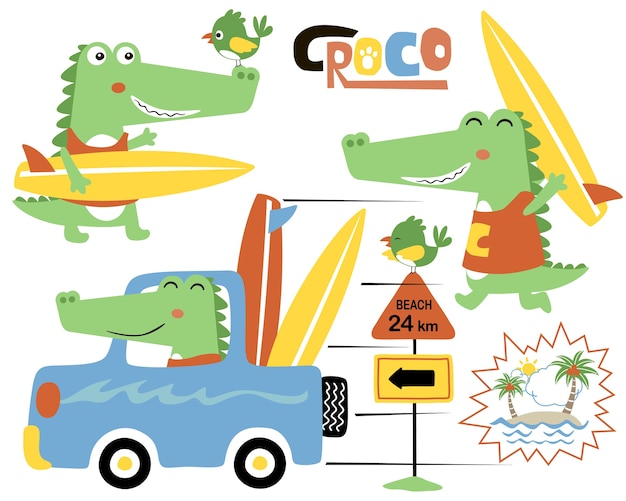 Vector set of funny crocodile cartoon on car with surfboard